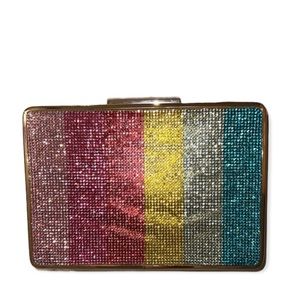 Alessia Clutch Rainbow Rhinestone Gem Purse New Chain Strap Glitzy Gold Back